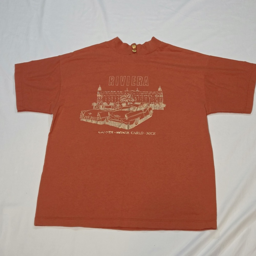 Willy-Dee Riviera Graphic T-Shirt Women Medium Orange Exc Mock Neck 90s USA